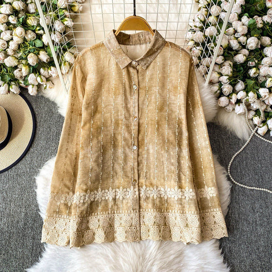 Orchid Embroidered Hem Button Down Shirt