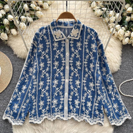 Spring Full Sleeve Polo Collar Casual Blouses Women Embroidery Shirt