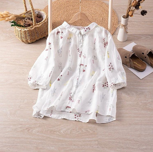 Pure Cotton Shirt With Elegant Floral and Leaf Embroderied