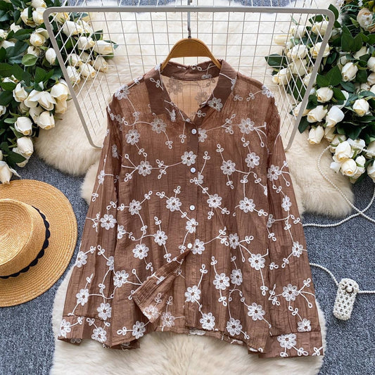 Floral Embroidered Sheer Shirt – Summer Casual Button Down