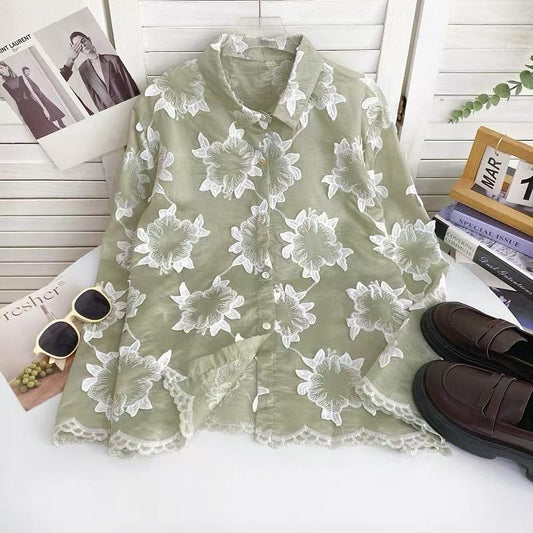 Floral Embroidered Sheer Button-Down Shirt