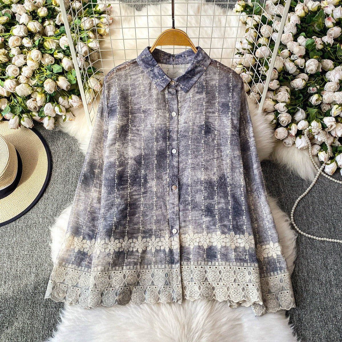 Orchid Embroidered Hem Button Down Shirt