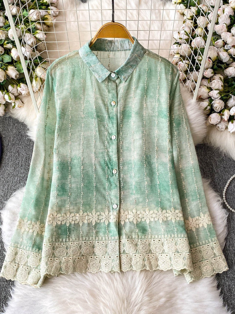 Orchid Embroidered Hem Button Down Shirt
