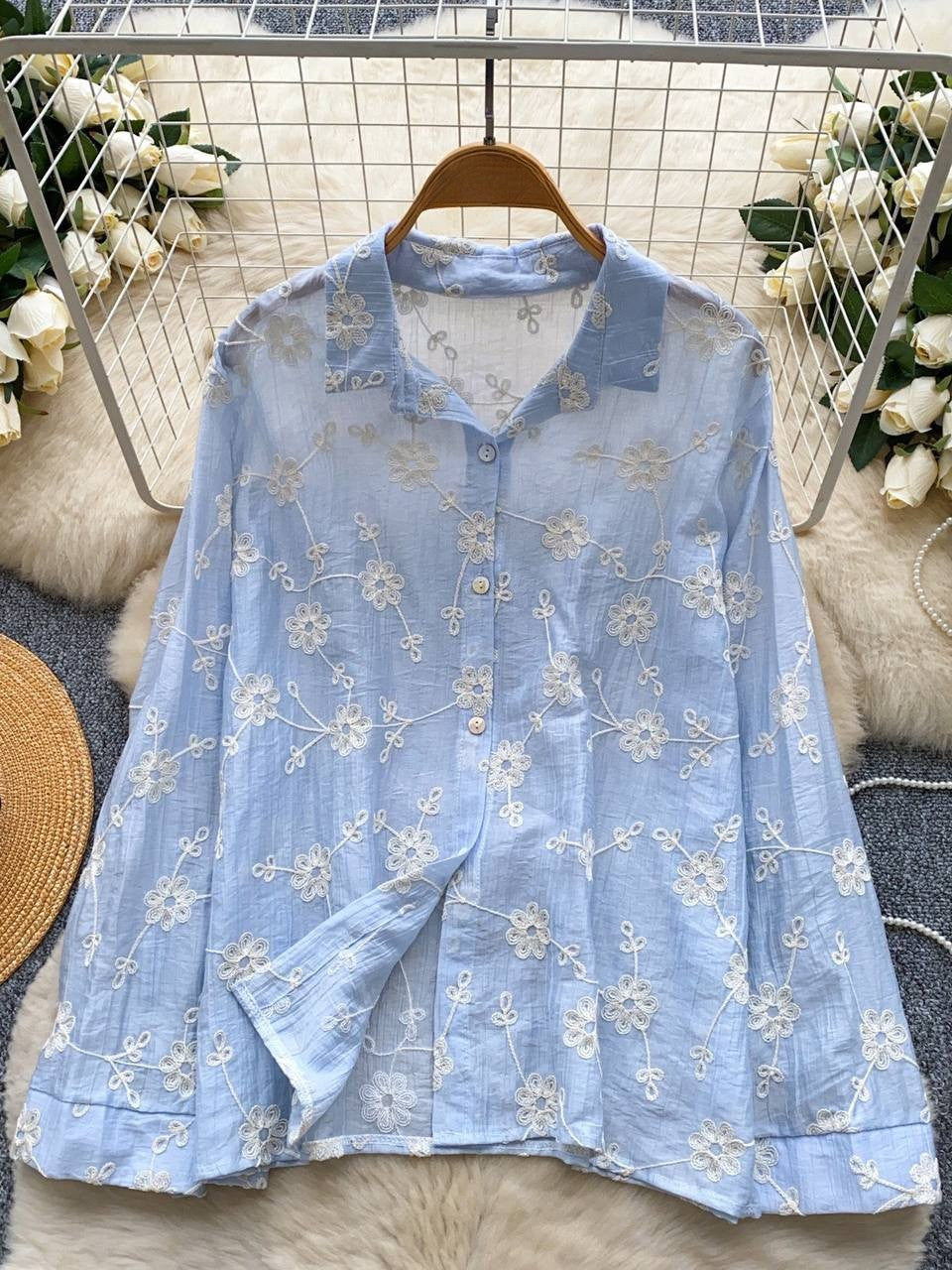 Floral Embroidered Sheer Shirt – Summer Casual Button Down