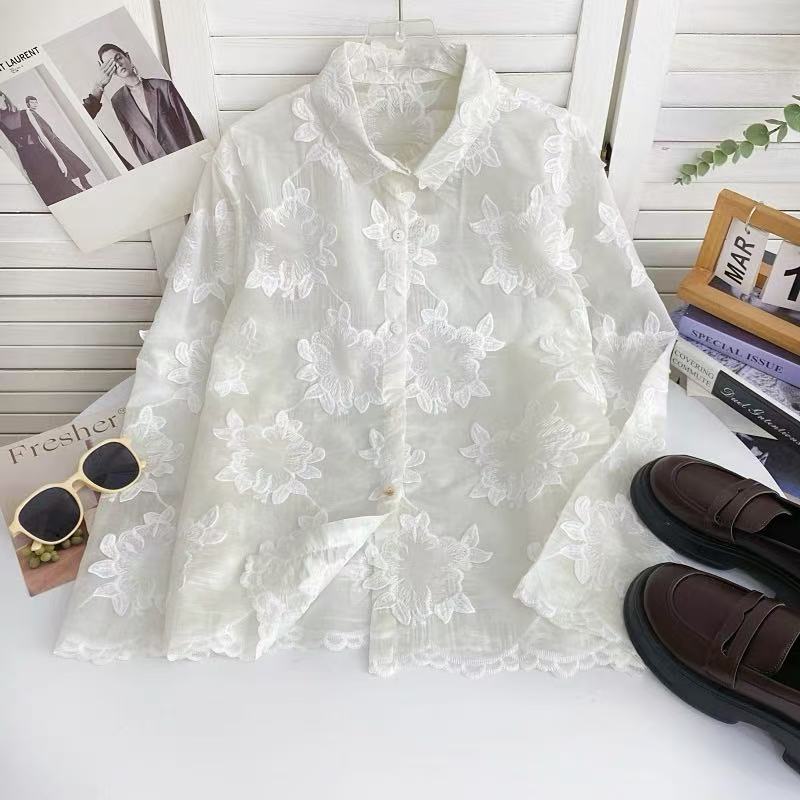 Floral Embroidered Sheer Button-Down Shirt