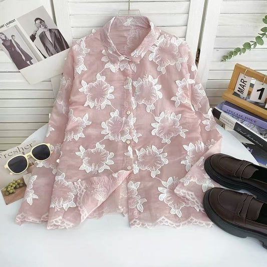 Floral Embroidered Sheer Button-Down Shirt