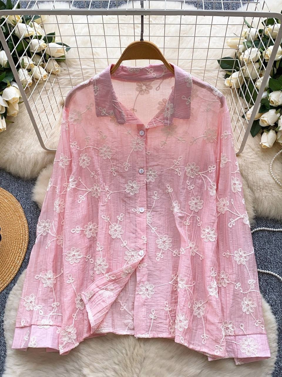 Floral Embroidered Sheer Shirt – Summer Casual Button Down