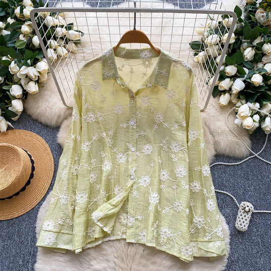 Floral Embroidered Sheer Shirt – Summer Casual Button Down