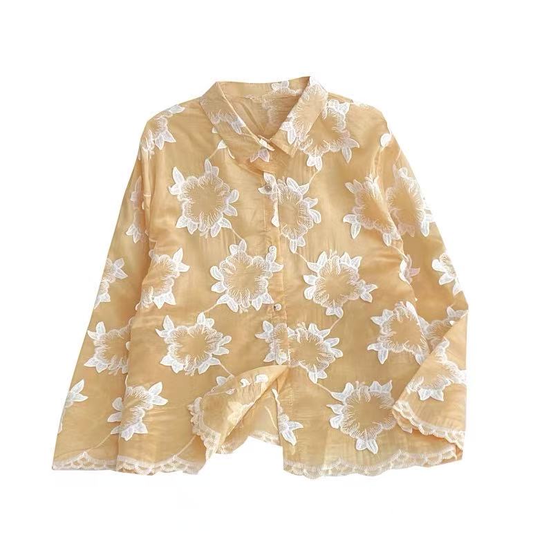 Floral Embroidered Sheer Button-Down Shirt