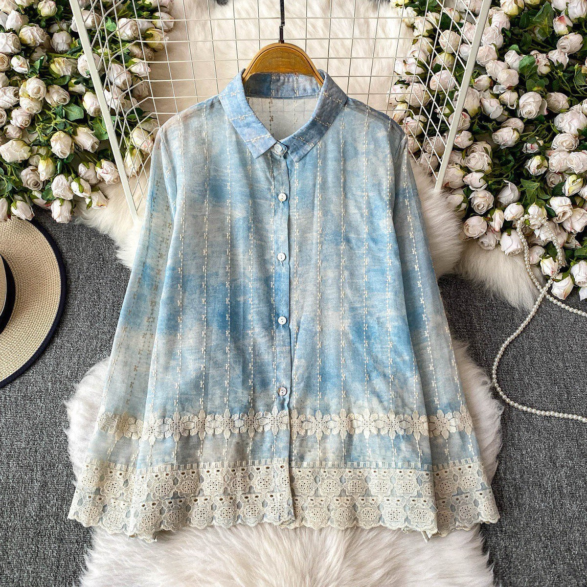 Orchid Embroidered Hem Button Down Shirt