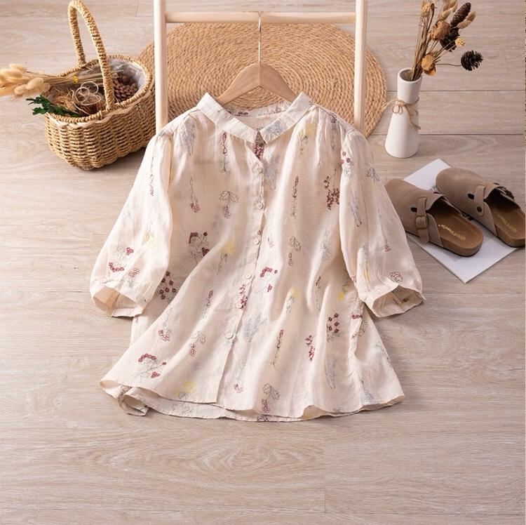 Pure Cotton Shirt With Elegant Floral and Leaf Embroderied
