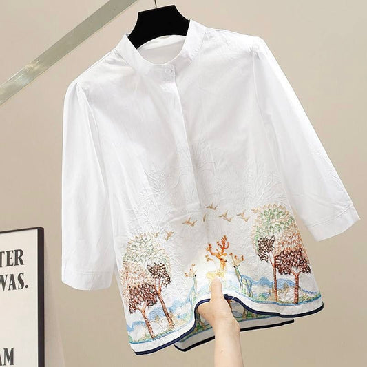 Pure Cotton Embroidered Forest-Inspired Shirt
