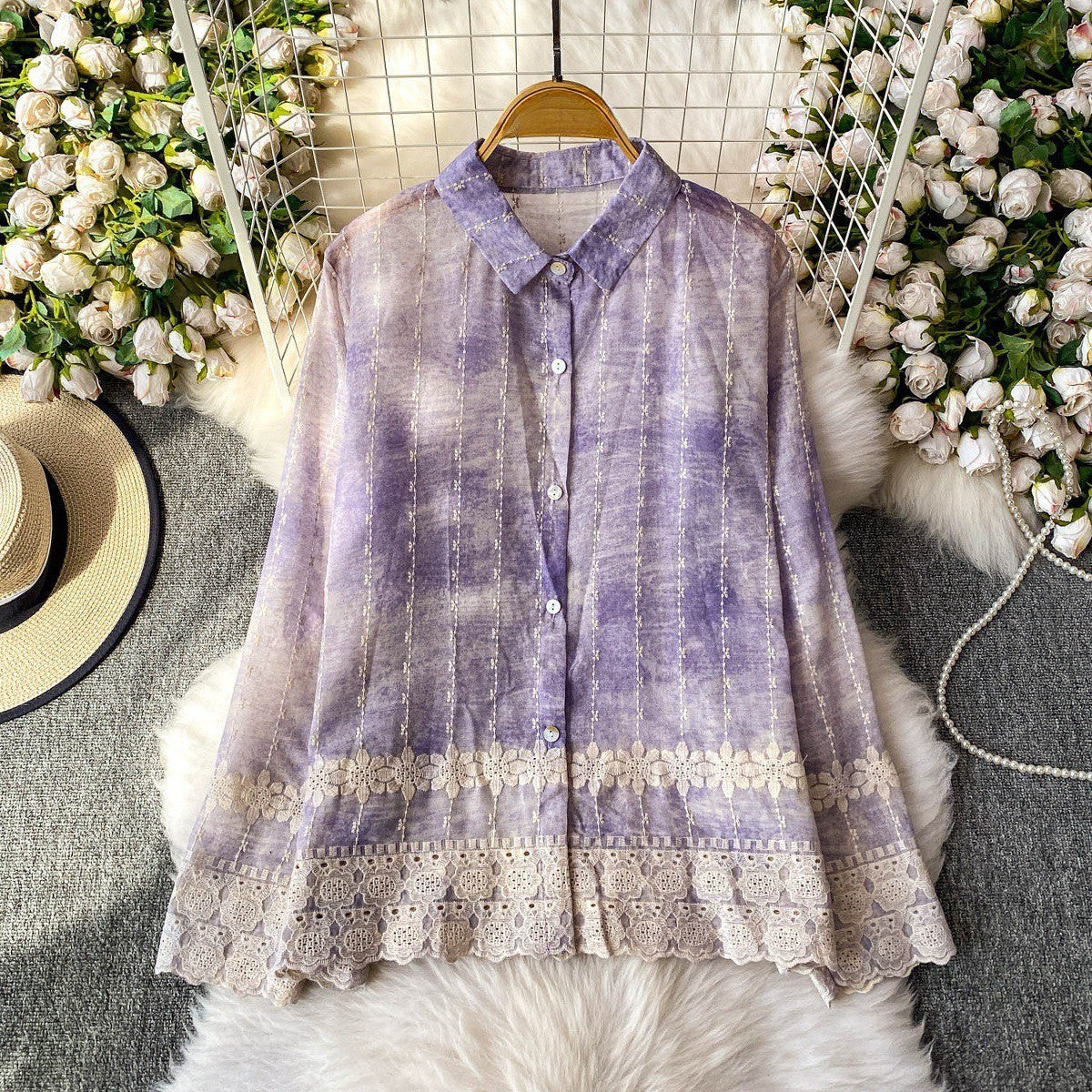 Orchid Embroidered Hem Button Down Shirt