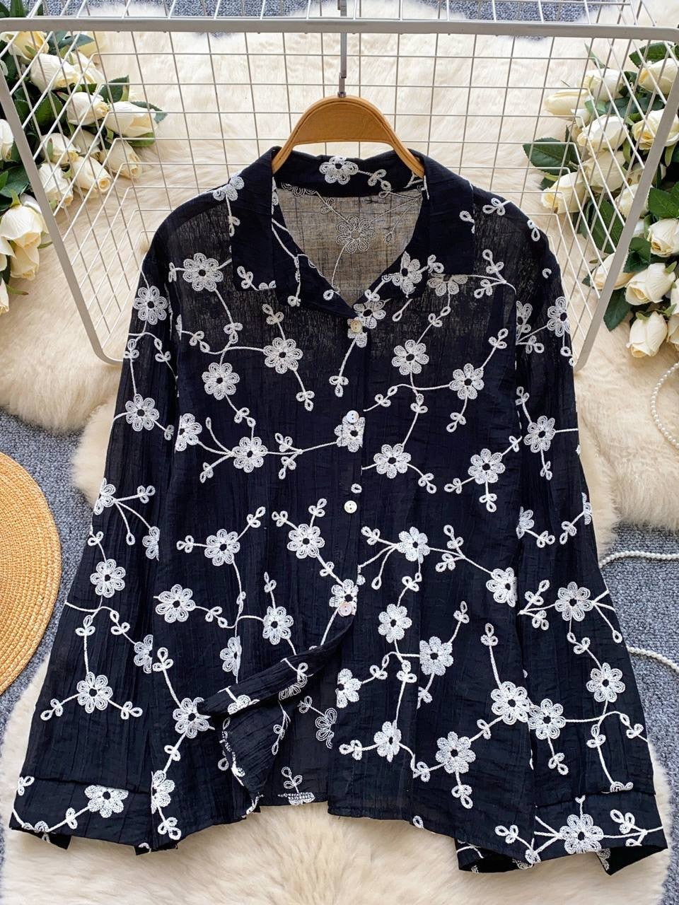 Floral Embroidered Sheer Shirt – Summer Casual Button Down