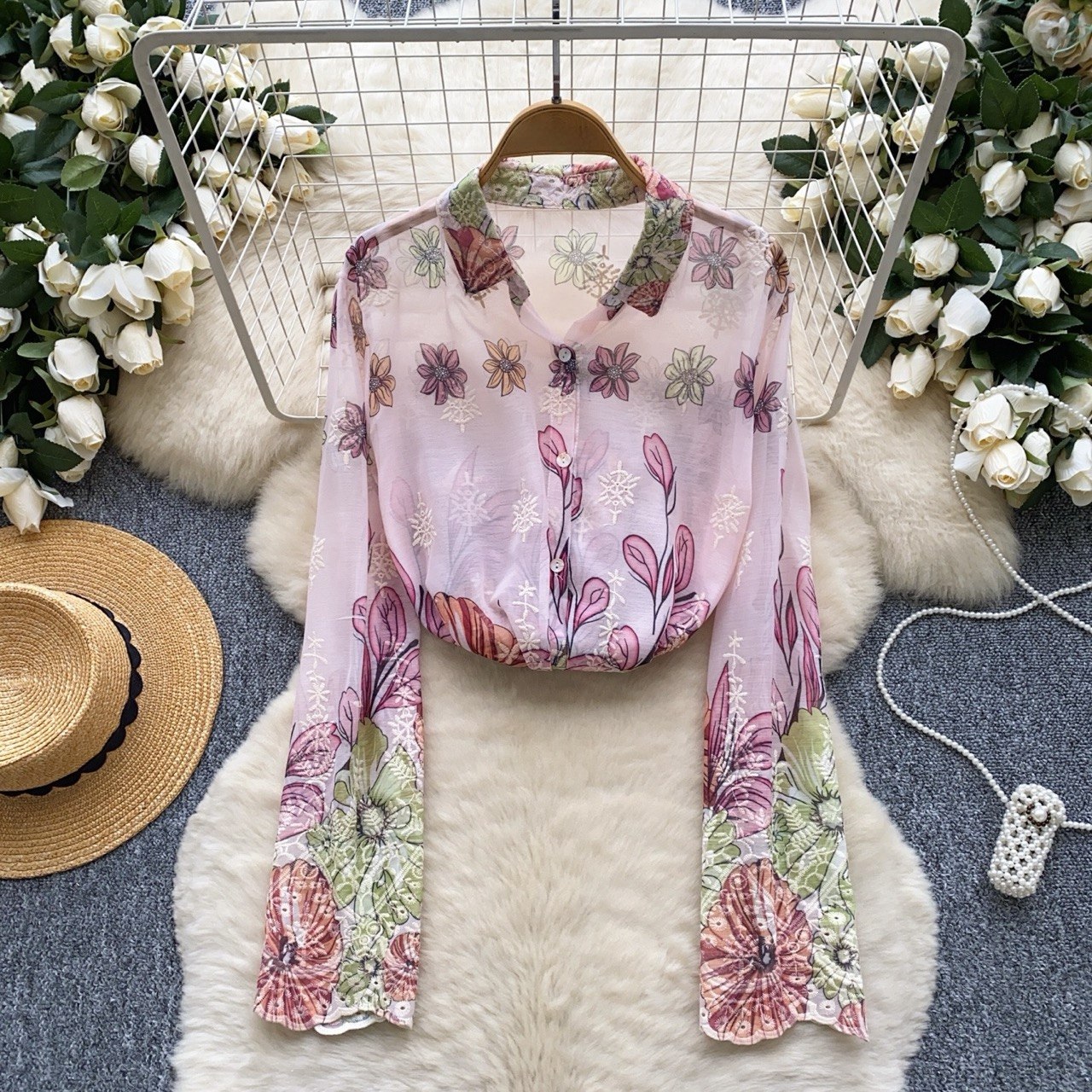Floral Sheer Embroidered Shirt