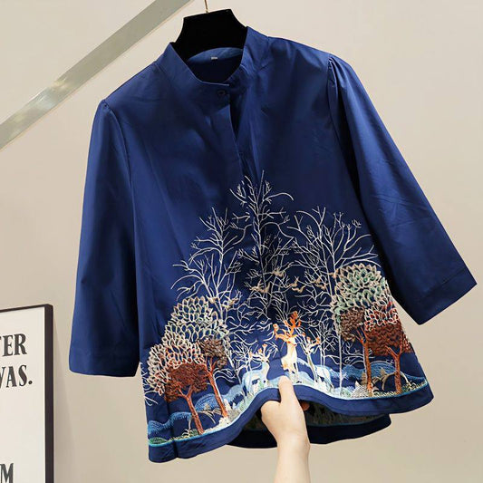 Pure Cotton Embroidered Forest-Inspired Shirt